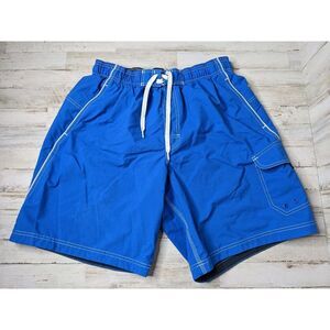 Speedo Swim Trunks Mens Large Blue Mesh Lined‎ White Trim Pocket Shorts Pool